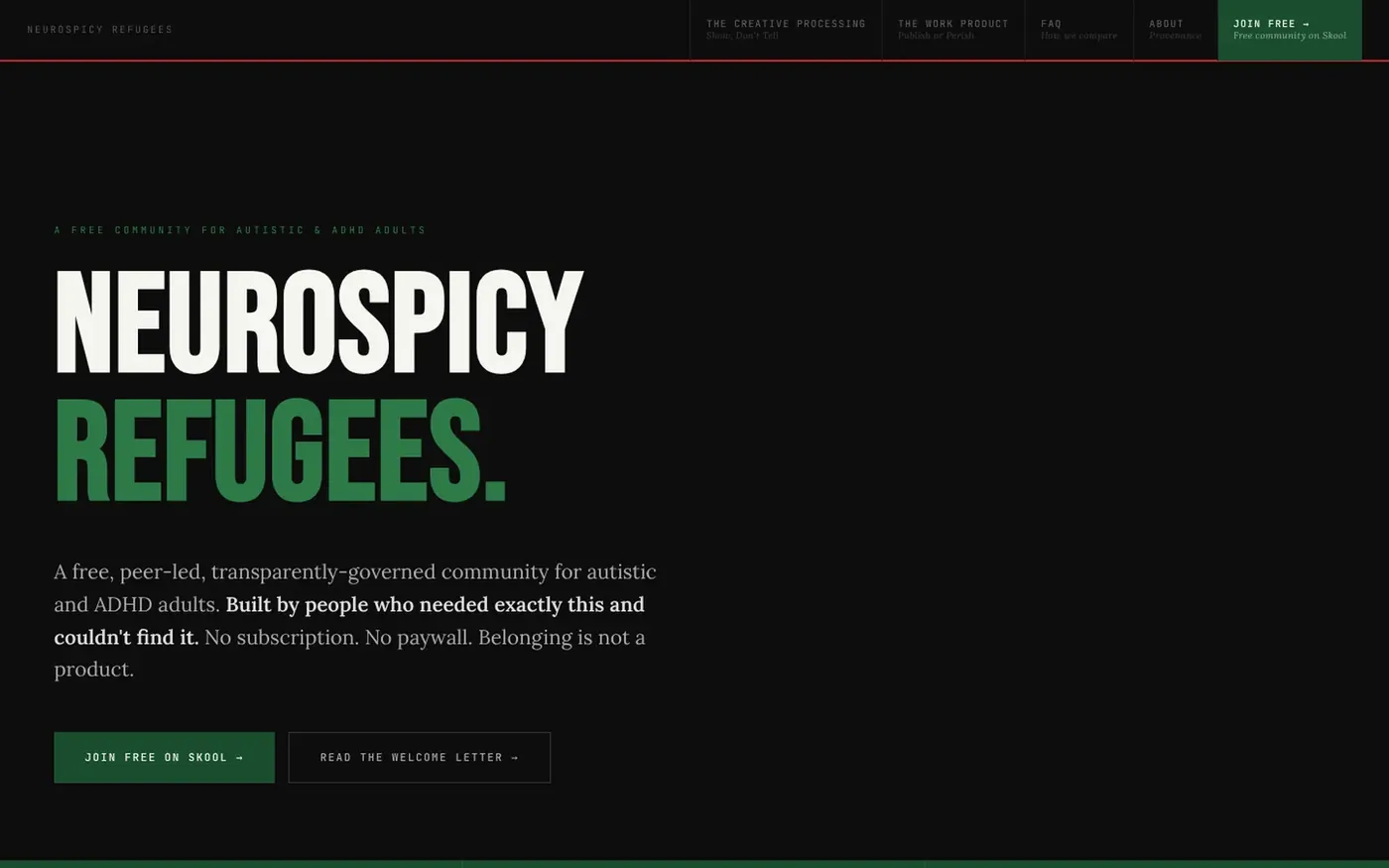 Capture of NeuroSpicy Community.org, 2026.10.03